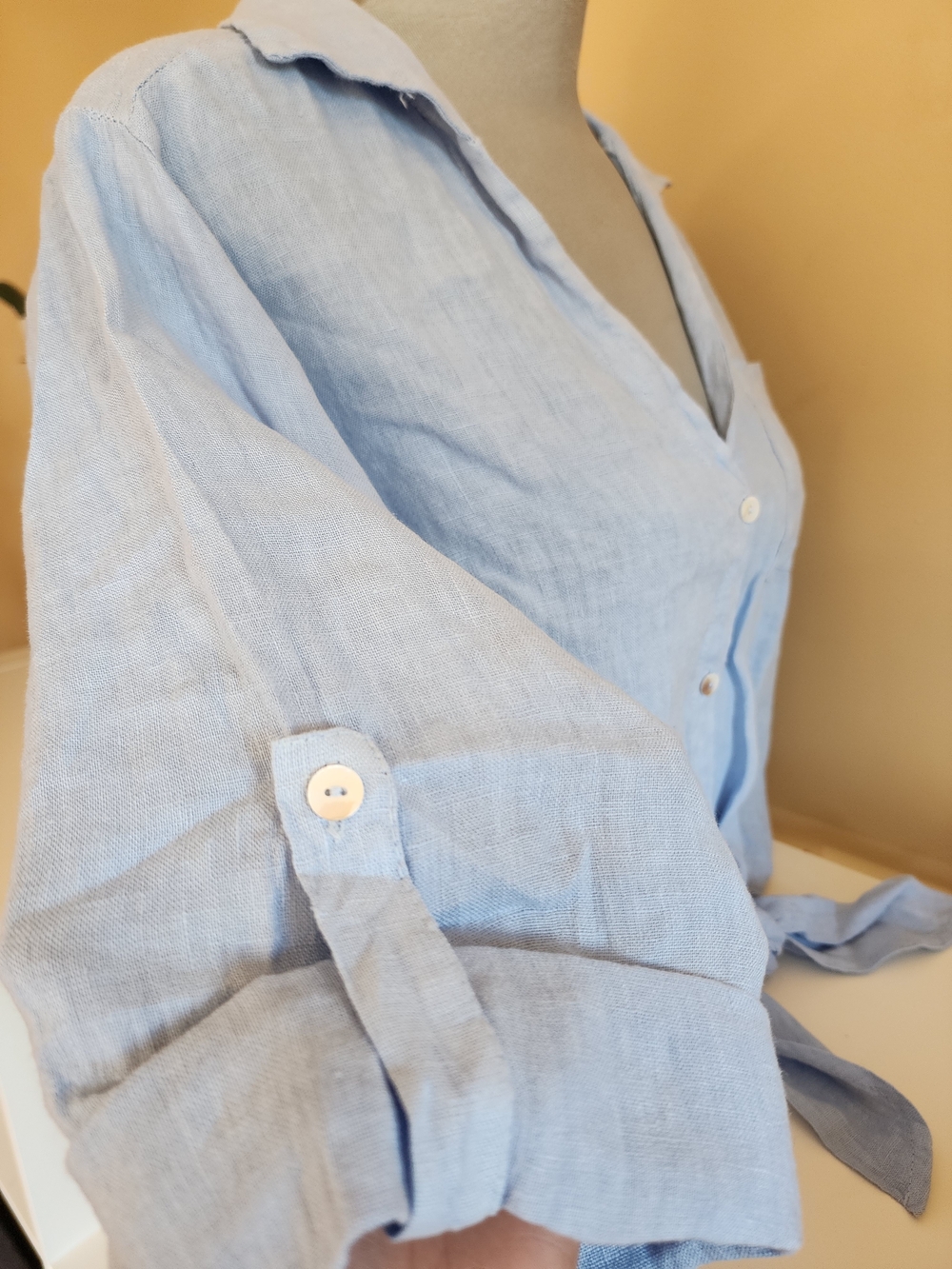 Milio Milano 100% Linen Front Tie Button Shirt Cottagecore, Blue S/M Vacation - Picture 5 of 14